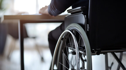 Close-up of a wheelchair user working at a desk, highlighting accessibility and inclusion in the workplace. Focus on adapting spaces for diverse needs.