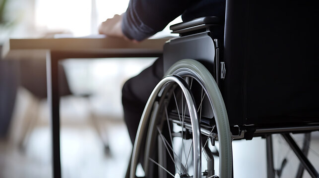 Close-up of a wheelchair user working at a desk, highlighting accessibility and inclusion in the workplace. Focus on adapting spaces for diverse needs. - Powered by Adobe