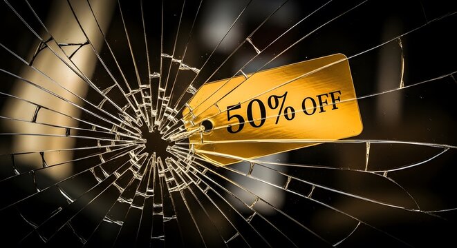 Fifty percent off discount tag hanging on broken glass for sales promotion deal - Powered by Adobe