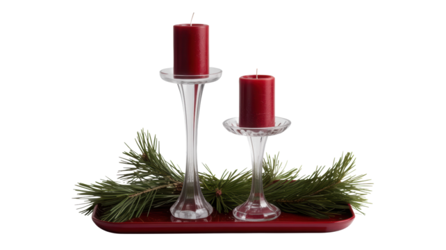Two tall red pillar candles and festive evergreen branches arranged on a red tray with small glass vials isolated on transparent background