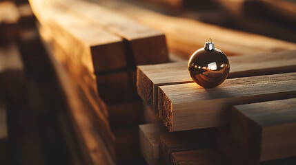 A festive golden ornament rests elegantly atop stacked wooden beams, illuminated by a warm, soft light, creating a cozy, inviting ambiance. Capturing seasonal charm.