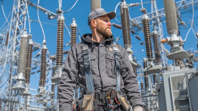 Worker in grayish protective suit and harness surveys a substation with transformers and insulators