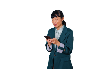 Asian businesswoman focused on her smartphone, typing messages and staying connected. Transparent background