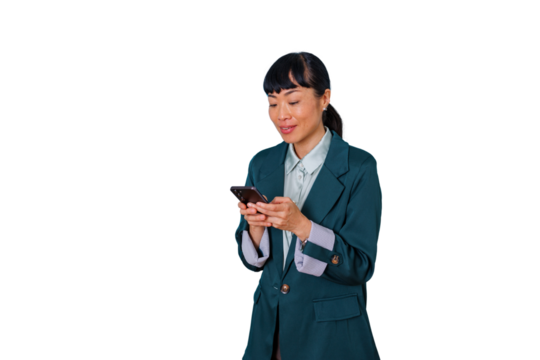 Asian businesswoman focused on her smartphone, typing messages and staying connected. Transparent background - Powered by Adobe