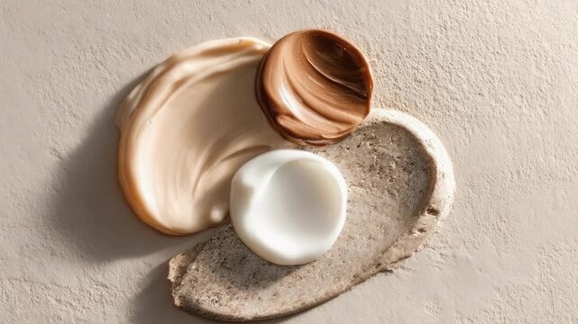 Beige cream makeup swirled on a seashell with a white round compact beside it on a pale textured surface.
