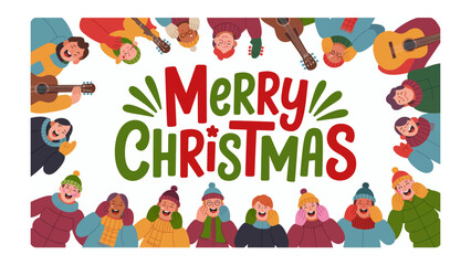 Festive Carols: A vibrant illustration of a merry Christmas celebration, with cheerful individuals playing guitar and singing carols in the season of giving.