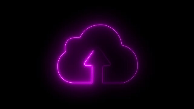 Cloud computing glowing neon Downloading icon animation on black background. Glowing neon cloud storage with arrows, looped animation.