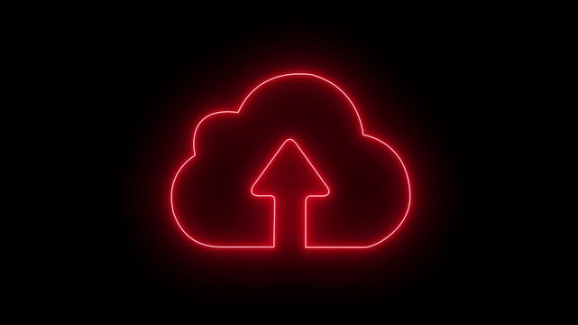 Cloud computing glowing neon Downloading icon animation on black background. Glowing neon cloud storage with arrows, looped animation.