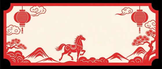 Chinese paper cut horse and lanterns