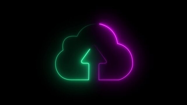 Cloud computing glowing neon Downloading icon animation on black background. Glowing neon cloud storage with arrows, looped animation.