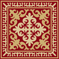 Vector red with gold Square Kazakh national ornament. Ethnic pattern of the peoples of the Great Steppe,  Mongols, Kyrgyz, Kalmyks, Buryats.