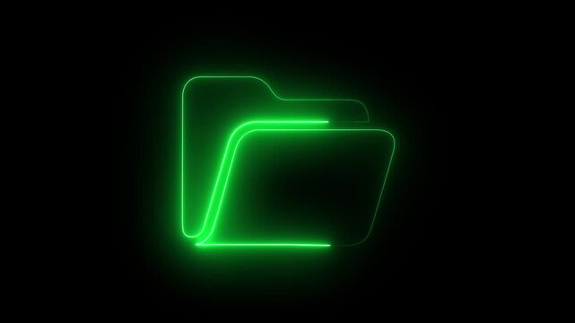 Glowing neon outline of a folder icon with horizontal lines on a black background. 4k animation.