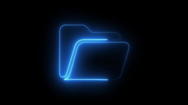 Glowing neon outline of a folder icon with horizontal lines on a black background. 4k animation.