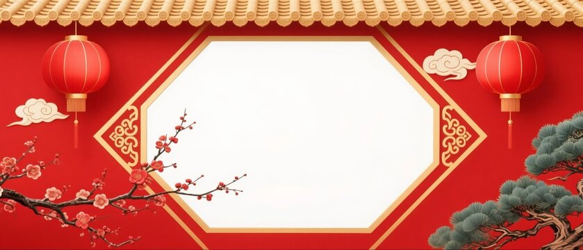 Chinese New Year red background with lanterns and flowers