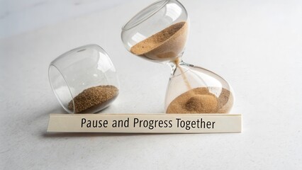 Hourglass tilted with sand flowing on a white surface