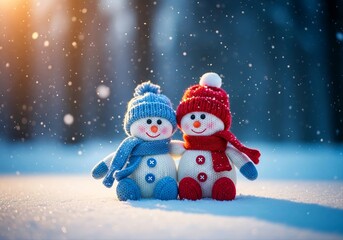 Fototapeta premium Cute knitted snowmen couple in snow with blue and red hats scarves