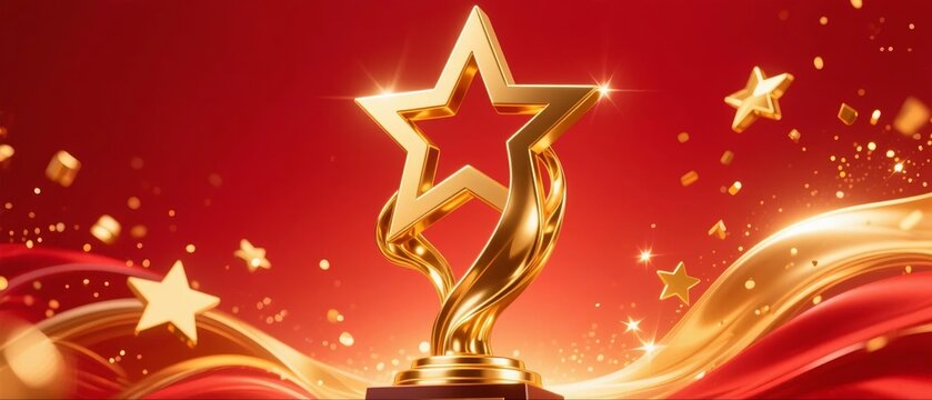 Golden star trophy on red background