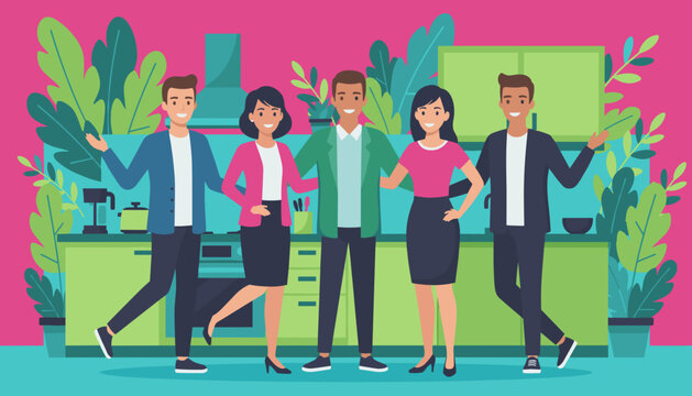 Friendly diverse group standing in a vibrant modern kitchen Teamwork shared space or housing concept
