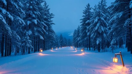 Enchanting snowy forest path with lanterns in winter evening. Yule and pagan holiday celebration concept. - Powered by Adobe
