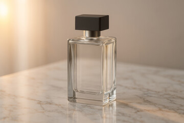 Elegant Perfume Bottle On Marble Surface Luxury Fragrance Glass Bottle With Warm Sunlight