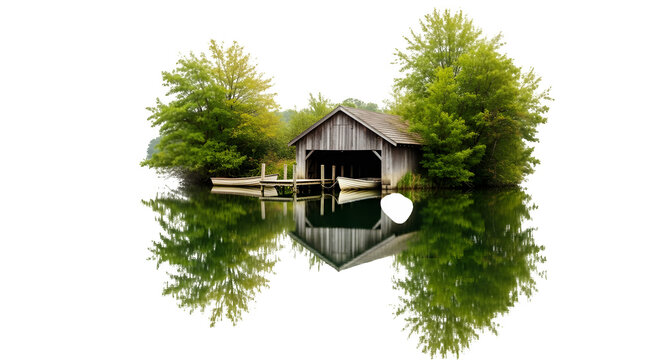 Boathouse on a calm lake with tree reflection isolated on PNG background. - Powered by Adobe