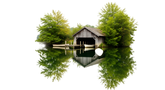 Boathouse on a calm lake with tree reflection isolated on PNG background.