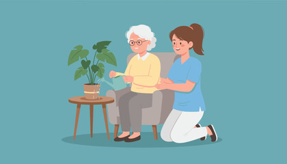 Home healthcare Caregiver assists smiling senior woman with watering a houseplant