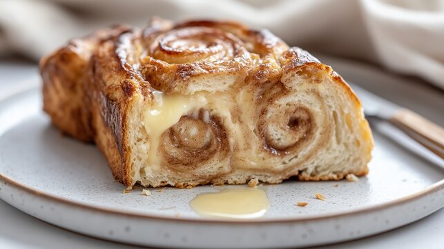 Single imperfect slice of cinnamon swirl sourdough bread on a white plate, showcasing rich textures and warm colors, with a drizzle of creamy butter for added flavor