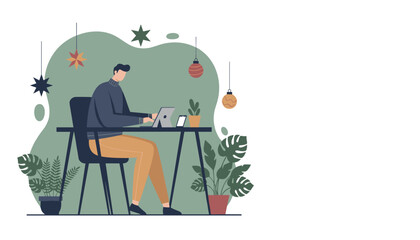 Remote work setup Man uses laptop in a cozy decorated home office with plants