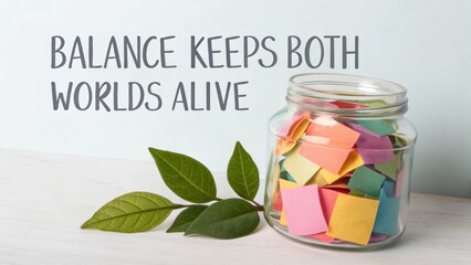Jar filled with colorful notes near green leaves