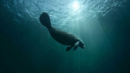 Obraz premium Manatee swimming underwater with sunlight above highlighting endangered marine life in serene habitat