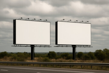Twin Blank Billboards Beside Highway On Cloudy Day