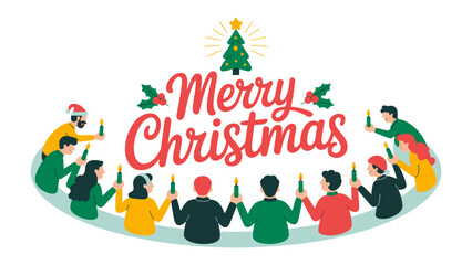 Christmas Gathering: Festive illustration shows a cheerful group gathered, illuminating candles with a merry Christmas message overhead. Capturing holiday cheer and togetherness.