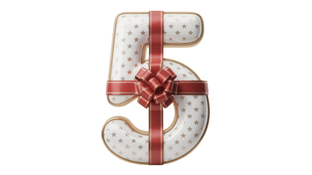 Festive number five shaped like a gift box with red ribbon and bow isolated on transparent background - Powered by Adobe