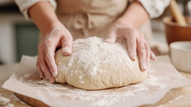 Middle-aged woman with rolled-up linen sleeves is kneading dough on a wooden surface, surrounded by flour and kitchen utensils, showcasing the art of baking and culinary skills