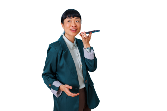 Asian businesswoman recording voice message on smartphone, using mobile application for communication and modern business, transparent background