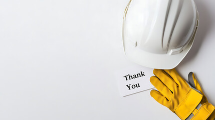 Gratitude in Construction: A hard hat and work gloves accompany a simple 'Thank You' card, symbolizing appreciation for the hard work of those in the construction industry.