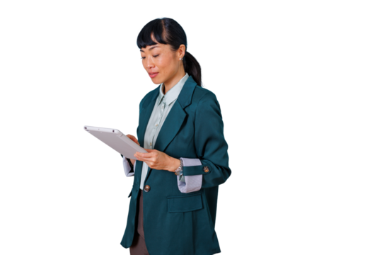 Asian businesswoman managing business information on a digital tablet, standing, working with technology, transparent background