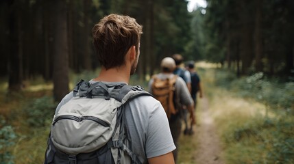 Friends hiking together on a scenic forest trail with backpacks