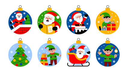 Festive Ornament Delight: A charming assortment of Christmas ornaments showcasing whimsical illustrations of Santa Claus, elves, and holiday cheer. Capturing the spirit of the season.