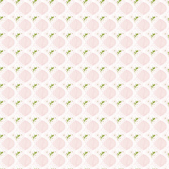 Seamless pattern of white flowers with green leaves and stems. Pink background decorated with wavy white and pink lines for textiles, curtains, pillowcases, handkerchiefs, wrapping paper, wallpaper.