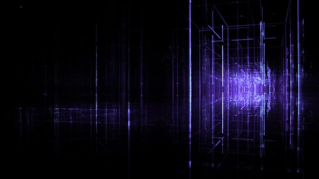 Leuchtende gitterf&ouml;rmige Geometrie f&uuml;r Technologie, Energie, Produktion & Datentransfer &ndash; moderne Architektur, Planung & Sicherheit visualisiert, violett, lila
