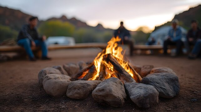 A group of people gathered around a warm campfire at a scenic campsite during twilight