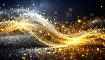 Swirling, abstract golden and silver light trails against a dark backdrop, sparkling with bokeh and depth of field
