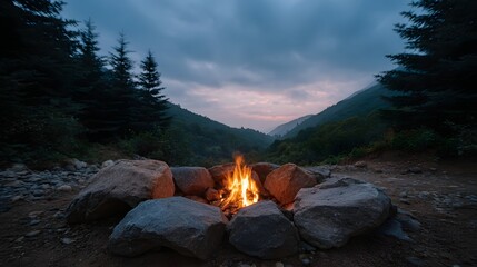 A campfire burns in a rocky pit at dusk nestled between forested mountains in a serene valley