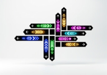 Illuminated directional arrow signs creating a smart navigation system with glowing digital indicators for modern pathway guidance and decision making