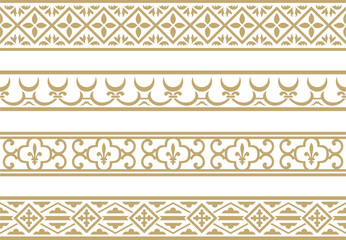 Vector set of golden seamless classic renaissance ornament. Endless european border, revival style frame