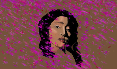 A beautiful young Hispanic woman is seen in a shower of pink confetti in a digital drawing that is a 3-d illustration.