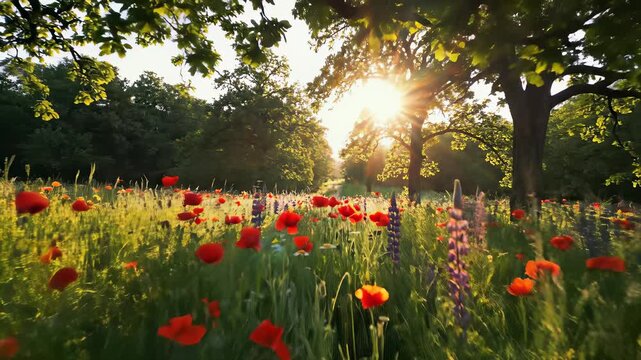 Blooming flowers in a lush meadow with diverse array of flora swaying gently in the breeze, capturing the serene concept of peaceful tranquility, perfect for evoking feelings of calmness and.