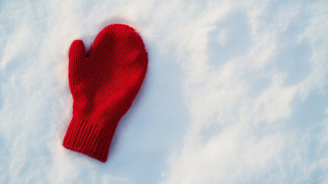A red mitten lies lost and alone in a snowdrift. Winter's chill contrasts the warmth it once held. A vibrant reminder of a playful day in the snow.
